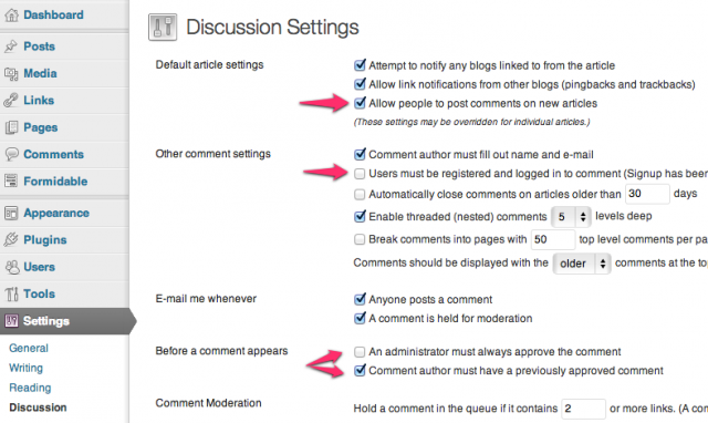 WordPress Dashboard Discussion Settings